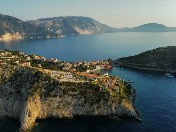 A coastal village beside open water