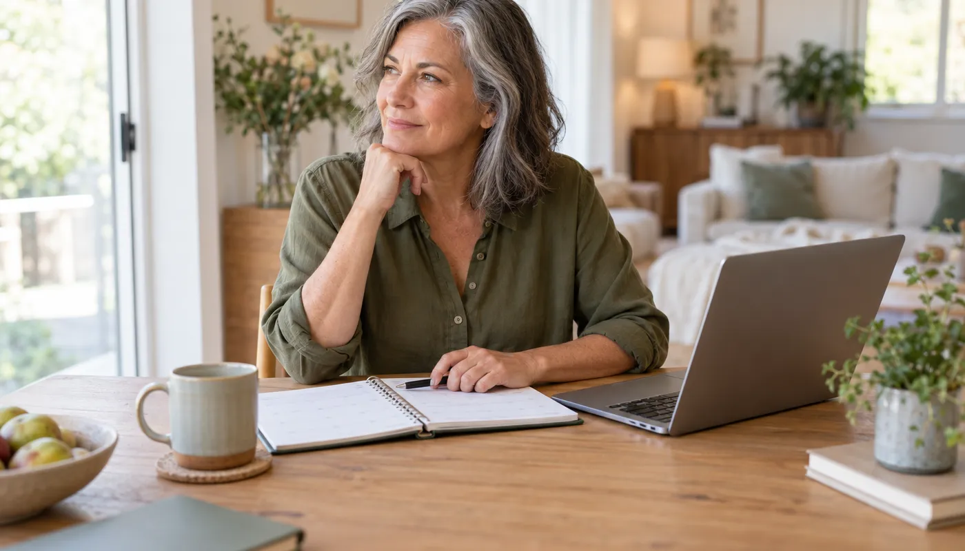 A woman reviewing a planner beside her laptop at a sunlit table