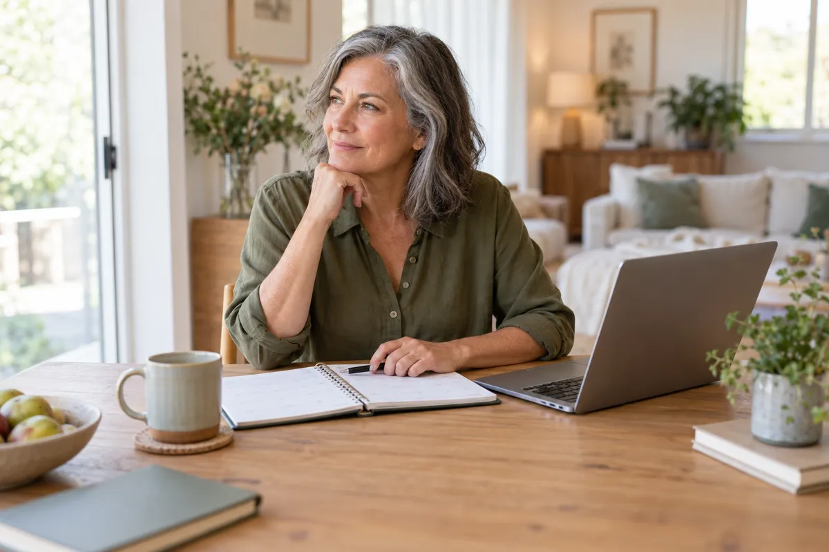 A woman reviewing a planner beside her laptop at a sunlit table