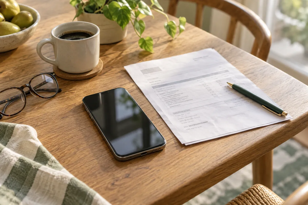 A smartphone beside a paper bill, pen, glasses, and coffee on a sunlit wooden table