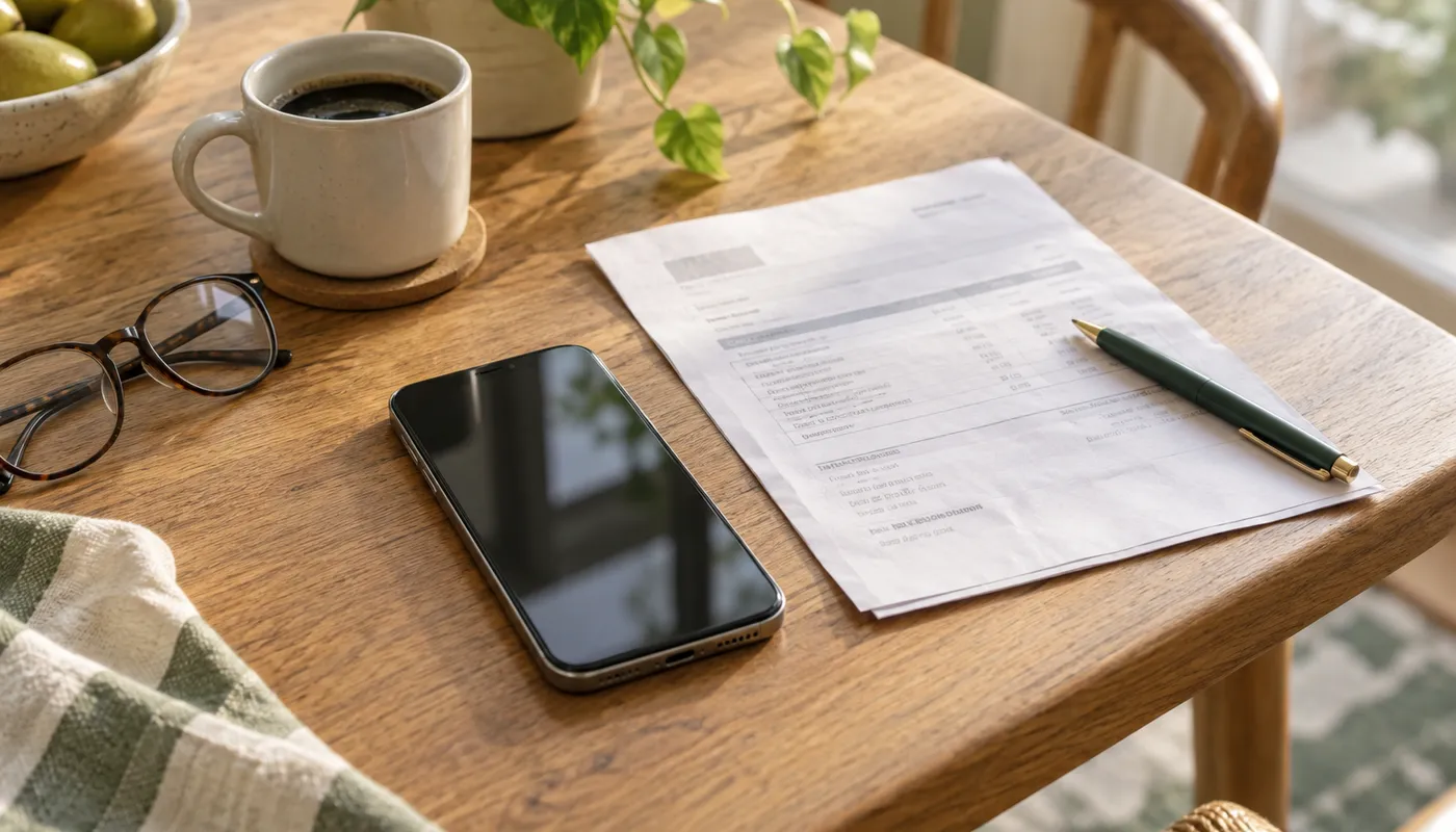 A smartphone beside a paper bill, pen, glasses, and coffee on a sunlit wooden table